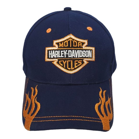Harley Davidson Strapback Cap Biker Trucker Baseball Hat Blue Orange Flames - Picture 1 of 12